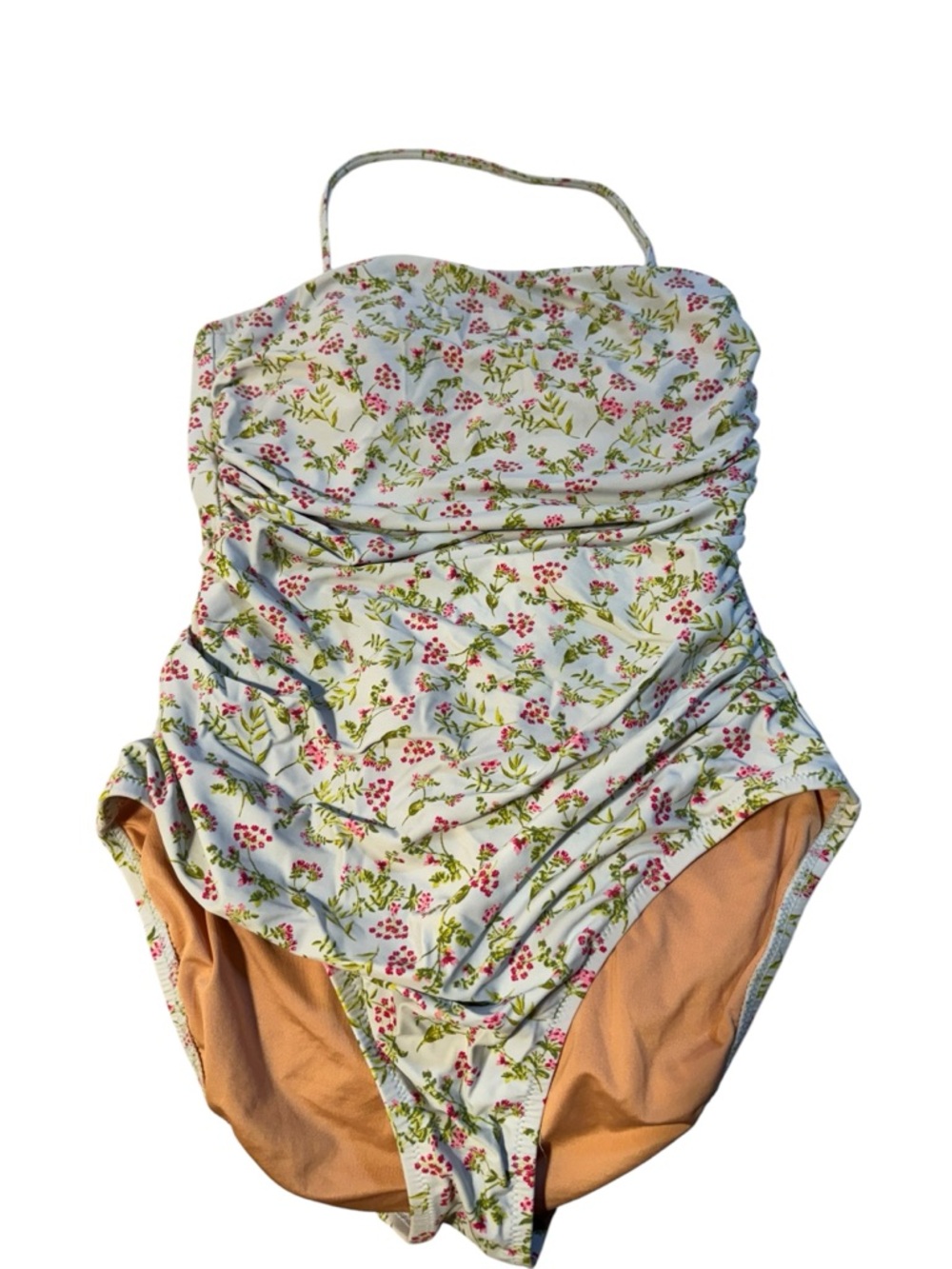 J. Crew White Floral One-Piece Swimsuit with Pink Berries and Green Leaves